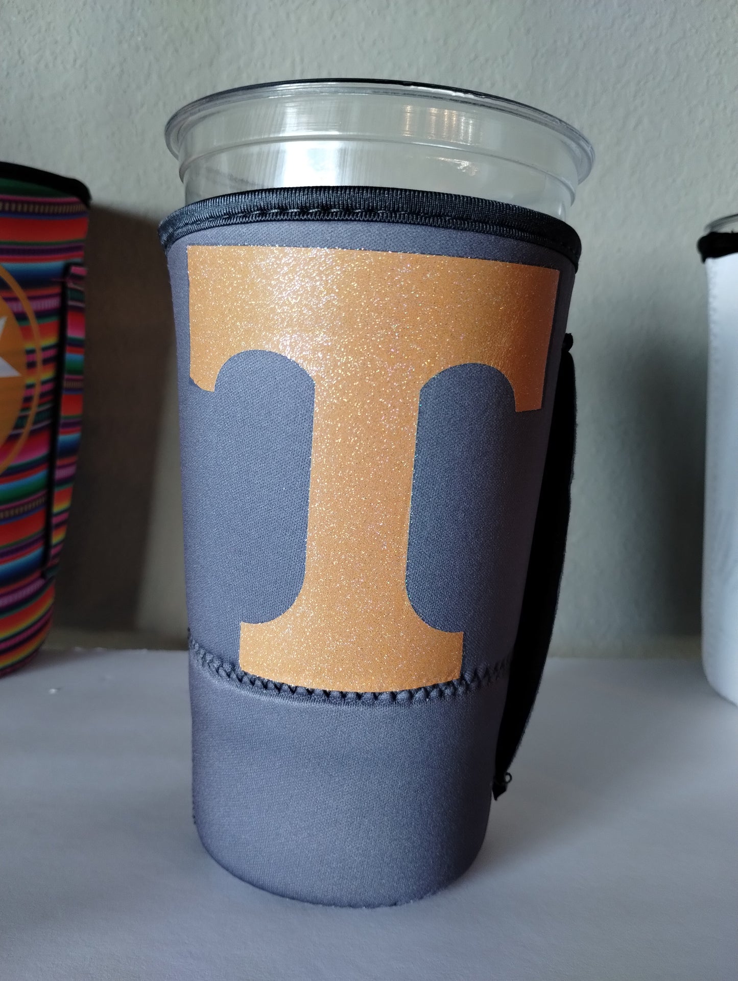 Glitter power T gray koozie